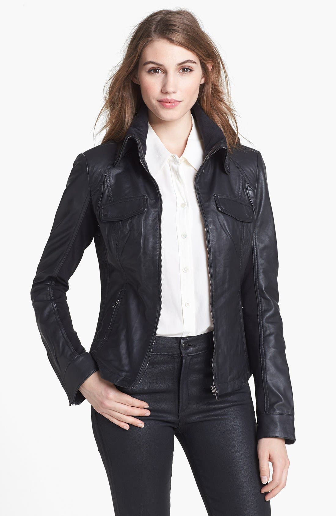 LaMarque Knit Collar Leather Jacket Nordstrom