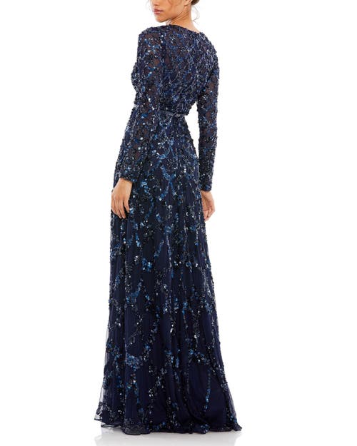 Mac Duggal Embellished Illusion High Neck Long Sleeve A Line Gown In Midnight