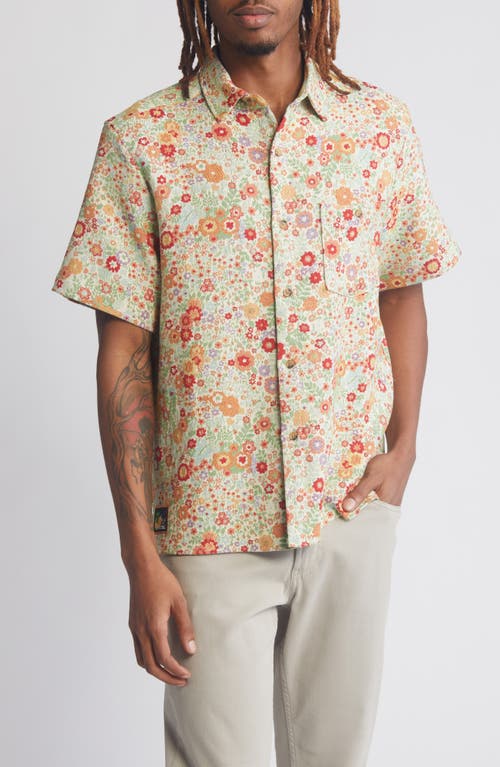 Clerk Floral Jacquard Short Sleeve Cotton Button-Up Shirt in Green Multi