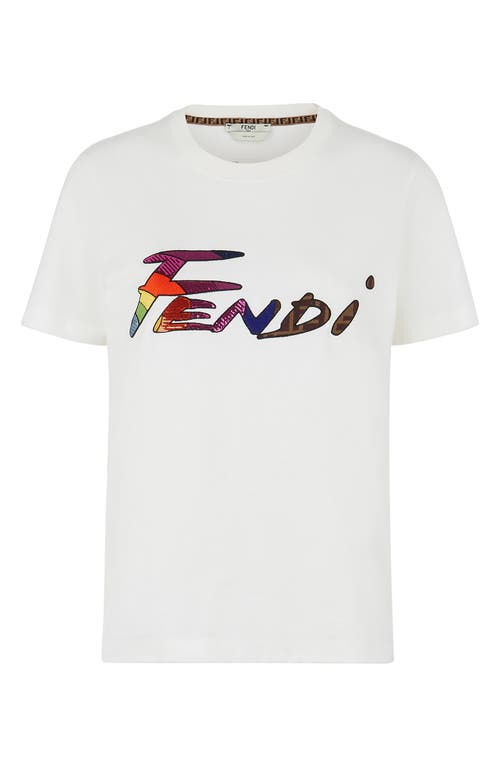 Fendi Women's Brushstroke Font Sequin Logo T-Shirt in White