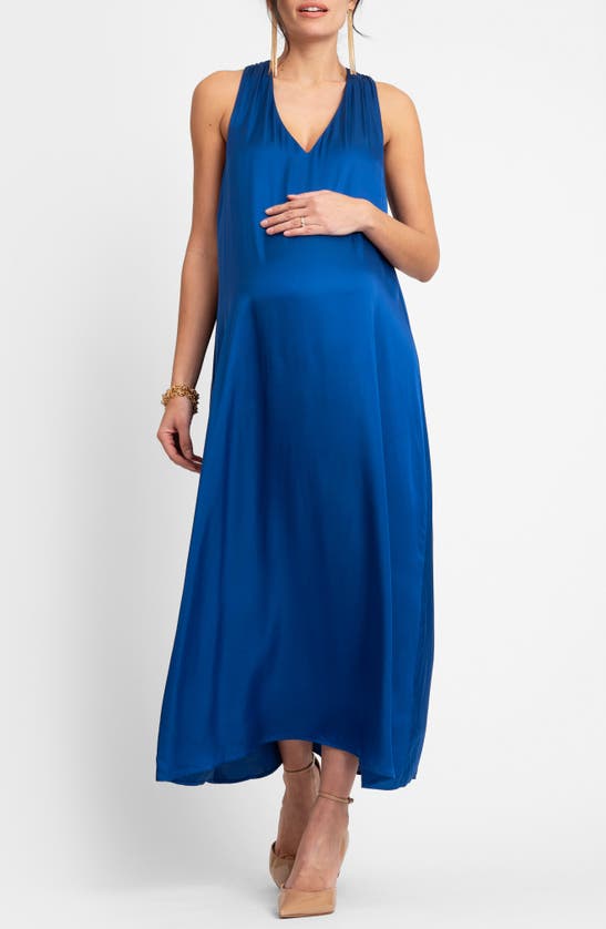 Seraphine Convertible Satin Maternity Maxi Dress In Cobalt