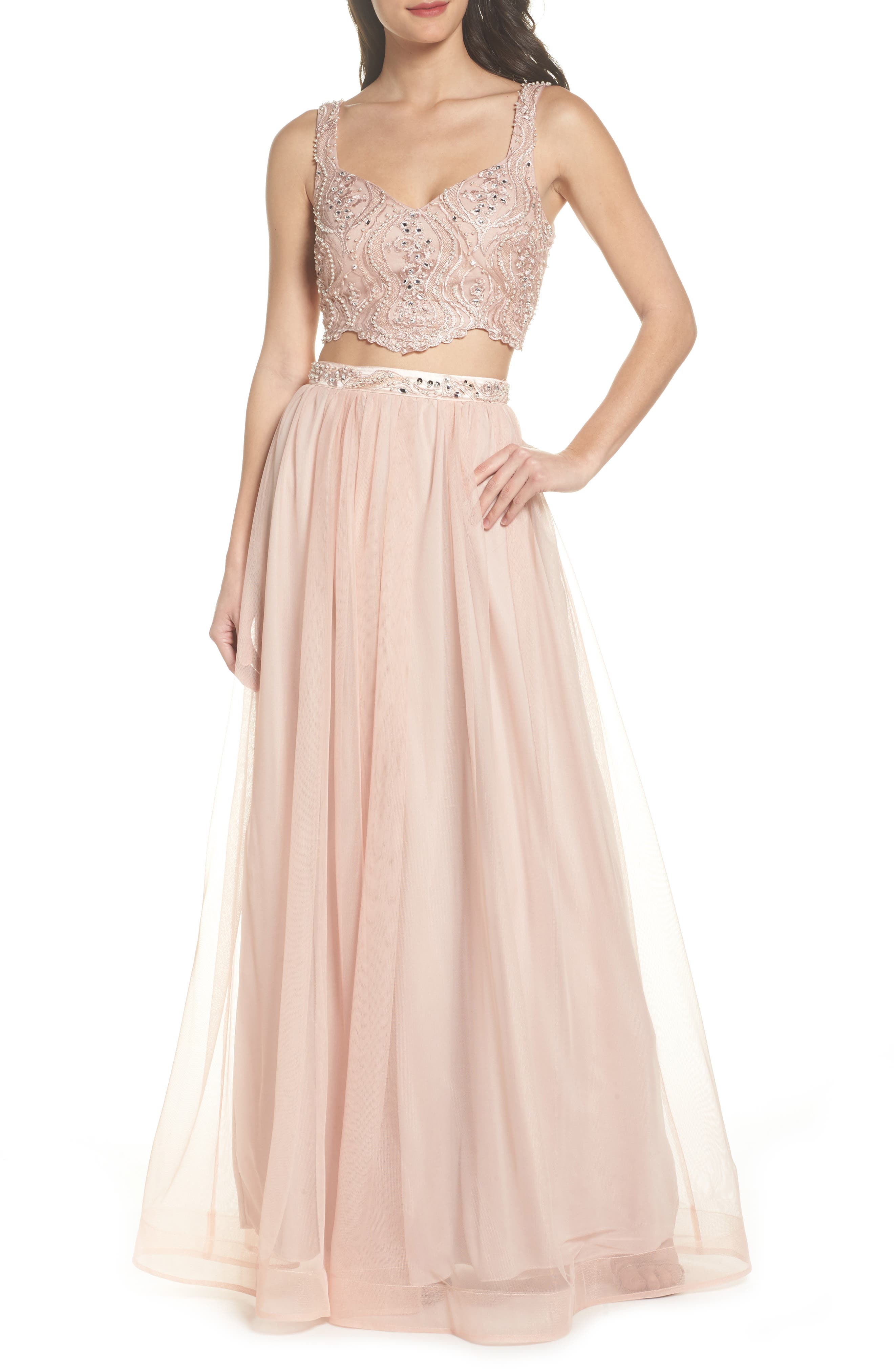 Sequin Hearts Beaded Lace Two-Piece Gown, Pink