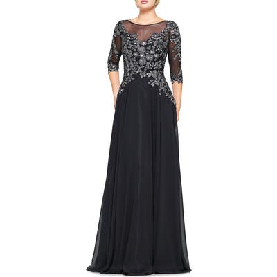 Marsoni Metallic Lace & Chiffon A-Line Evening Gown, Black
