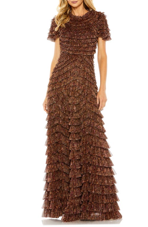 Mac Duggal Floral Ruffle Gown Brown Multi at Nordstrom,