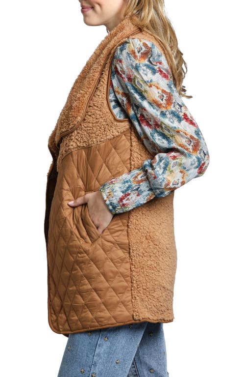 Apny Mixed Media Quilted Vest In Cognac