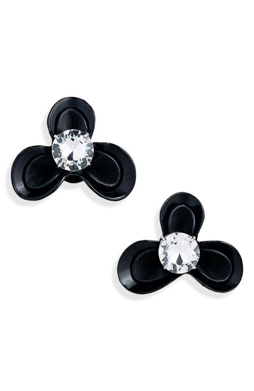 Leather & Crystal Flower Stud Clip-On Earrings in Black/Silver