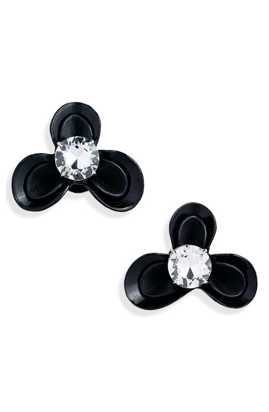 Shop Area Leather & Crystal Flower Stud Clip-on Earrings In Black/ Silver