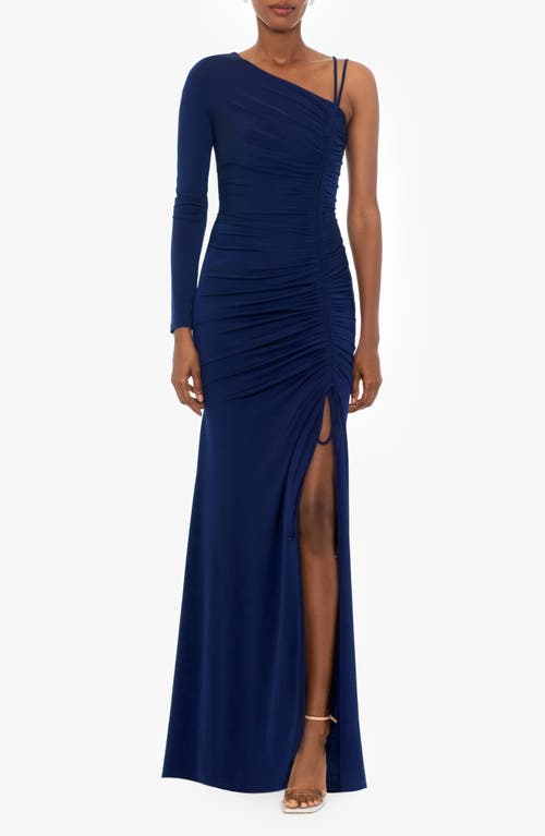 Xscape Evenings One-Shoulder Long Sleeve Cinched Gown Navy at Nordstrom,