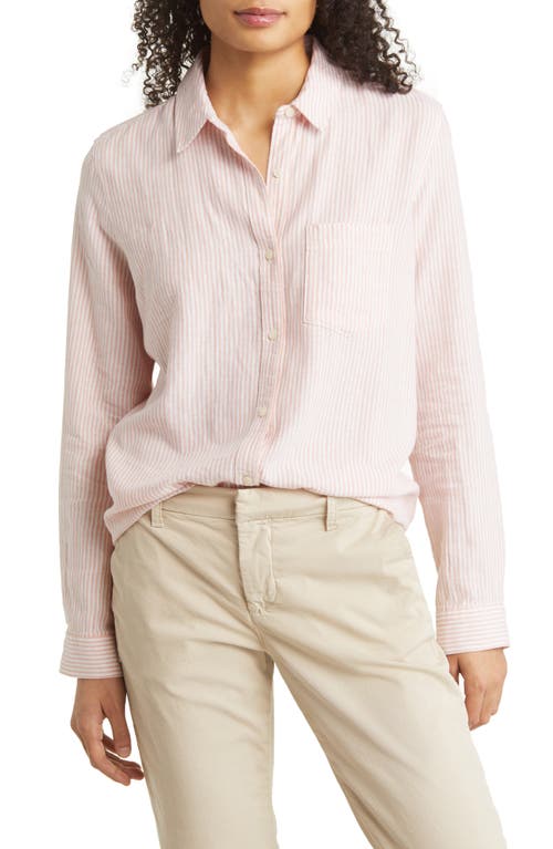 caslon(r) Casual Linen Blend Button-Up Shirt in Coral Tide- White Paige Stripe