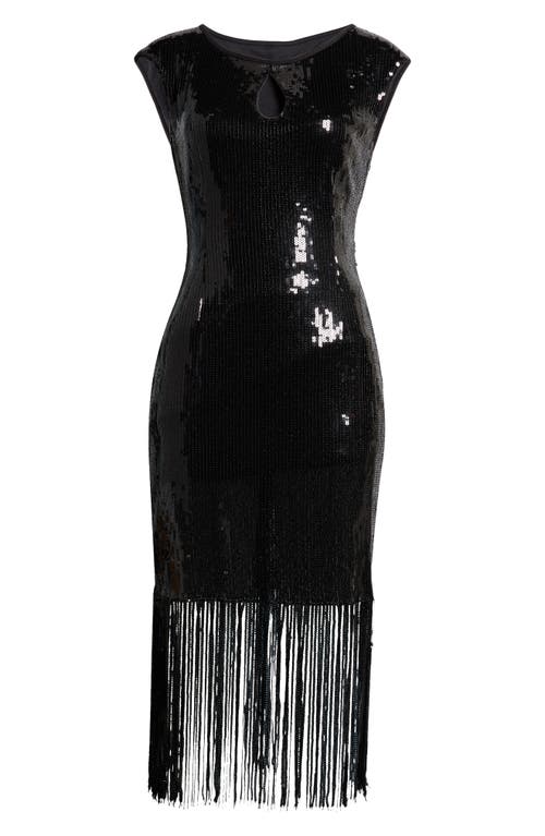 Connected Apparel Kyhle Sequin Fringe Hem Cocktail Dress In Black