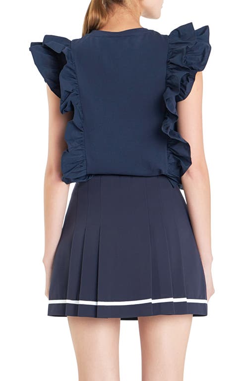 English Factory Poplin Ruffle Trim Knit Top In Navy