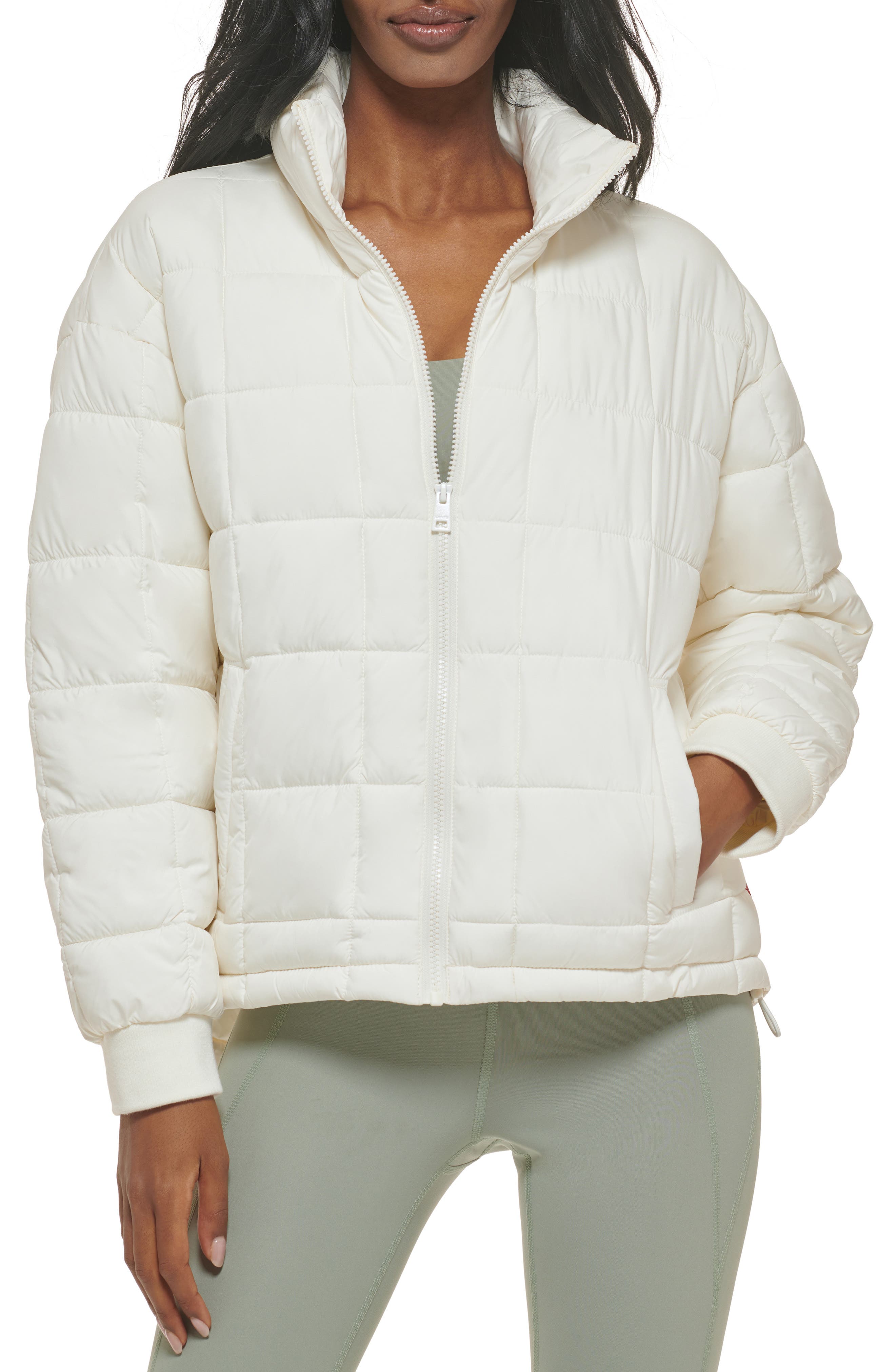 white quilted jacket with hood