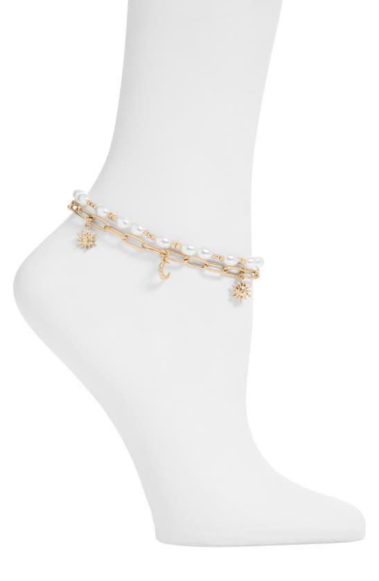 Shop Melrose And Market Set Of 2 Celestial Charm & Imitation Pearl Anklets In White- Gold