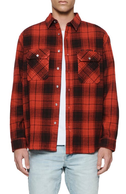 PURPLE BRAND Oversize Plaid Flannel Button-Up Shirt in Red