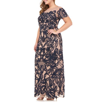 Plus Size Js Collection Soutache Lace Illusion Gown, Blue