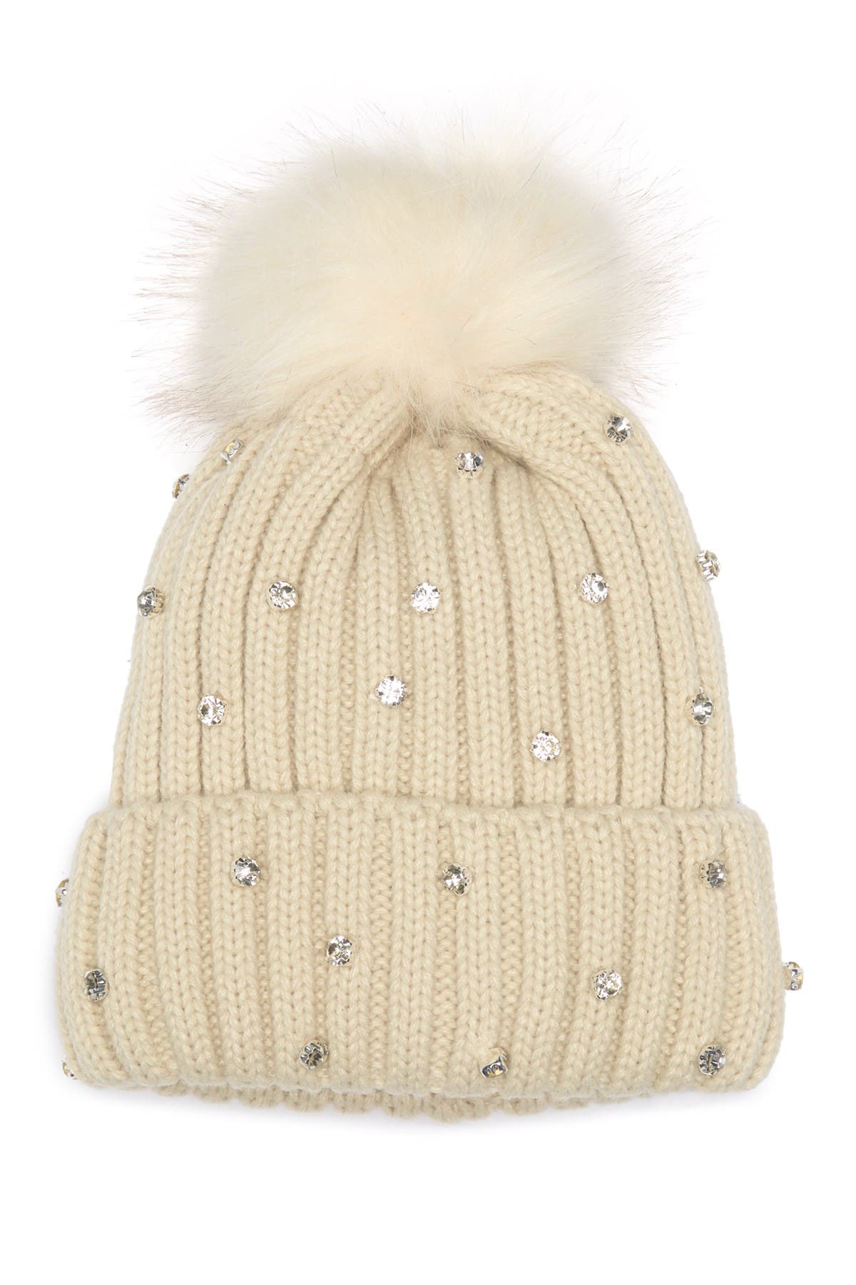 Cara Accessories Embellished Jewel Faux Fur Pom Beanie In Ivory