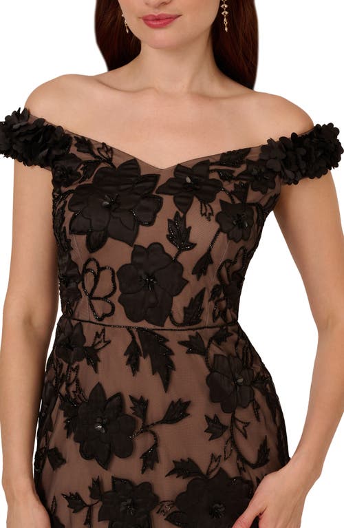 Shop Adrianna Papell Beaded Off The Shoulder Column Gown In Black/rosegold