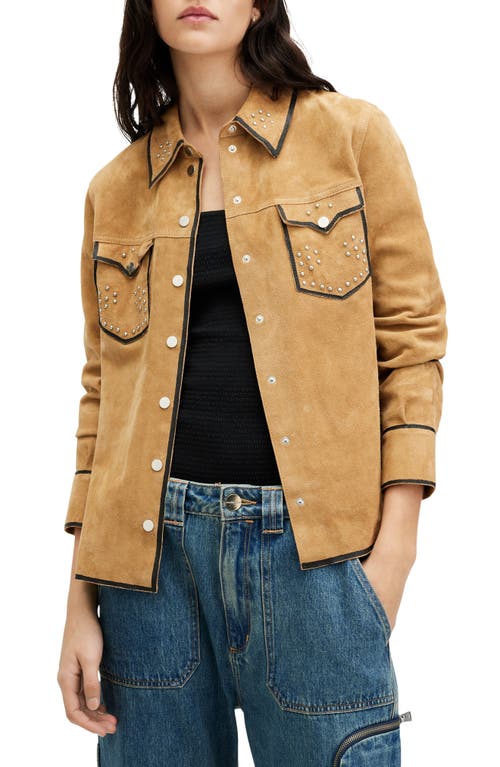 AllSaints Karlson Lea Studded Suede Snap-Up Shirt Tan Brown at Nordstrom, Us