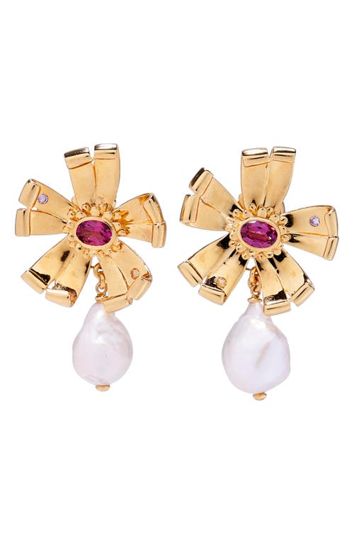 Lotus Freshwater Pearl Drop Earrings in Gold Multi