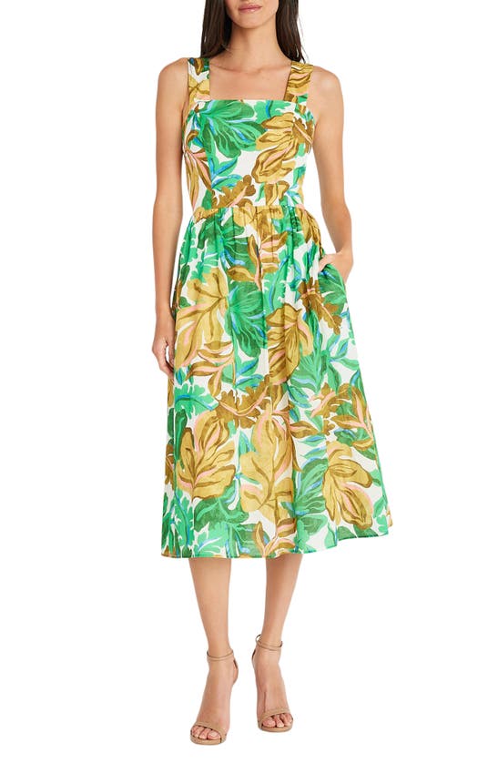Maggy London Leaf Print Fit & Flare Midi Dress In Soft White/ Golden Olive