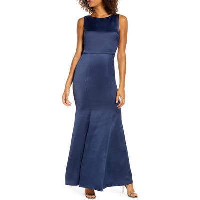 Chi Chi London Tella Lace Back Satin Trumpet Gown, Blue