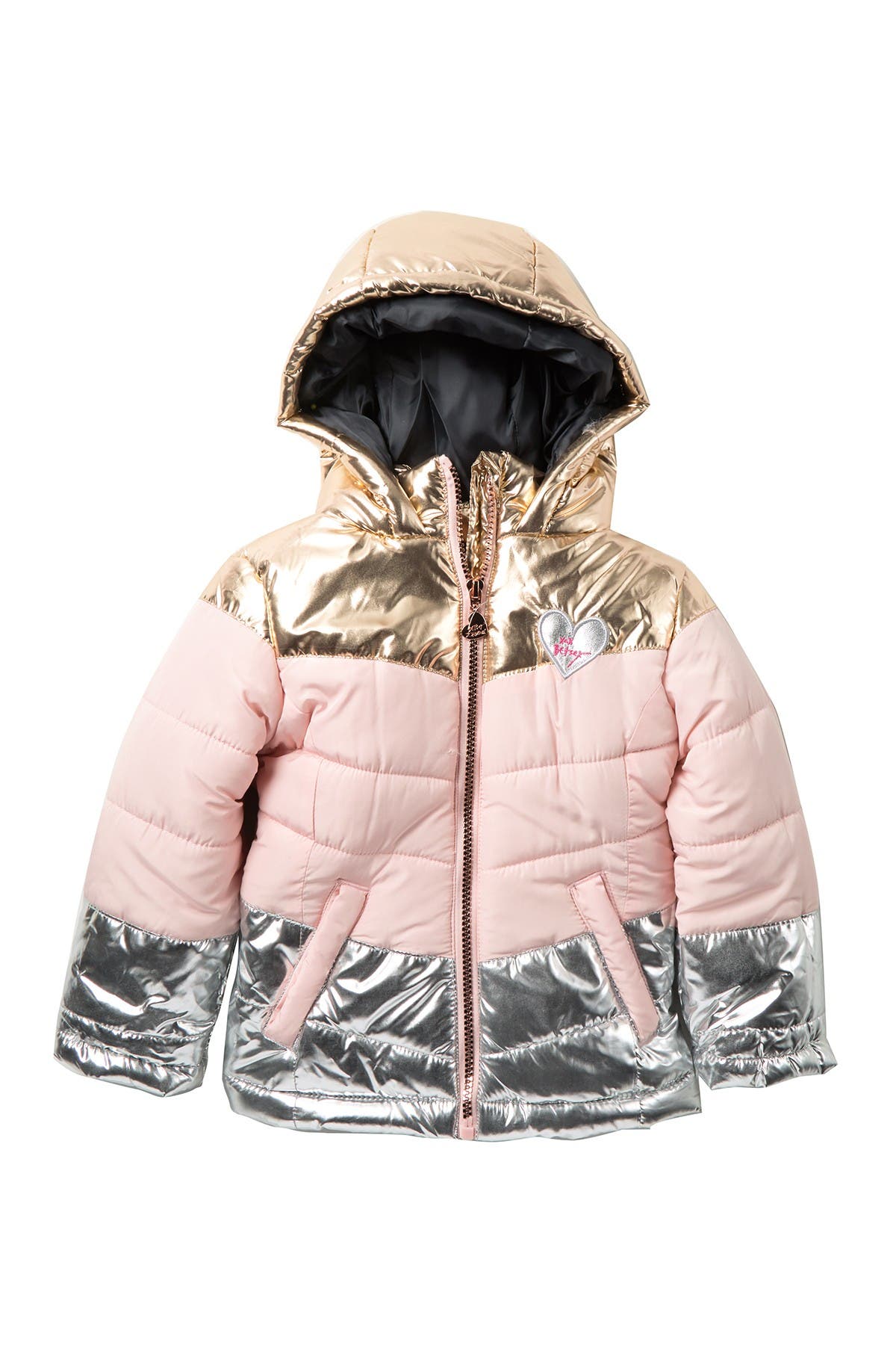 metallic hooded puffer jacket