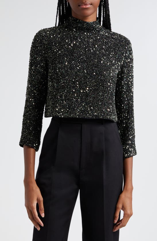 Twp Moonage Dream Sequin Mock Neck Silk Crop Top In Hunter Green
