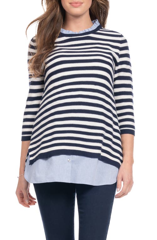 Shop Seraphine Stripe Mixed Media Layered Maternity/nursing Sweater In Ivory/navy