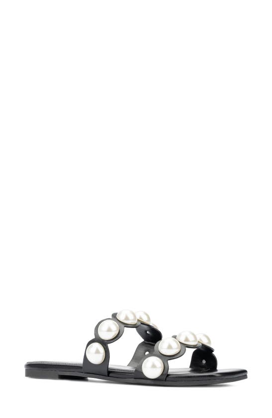 Fashion To Figure Sage Faux Pearl Studded Slide Sandal In Black