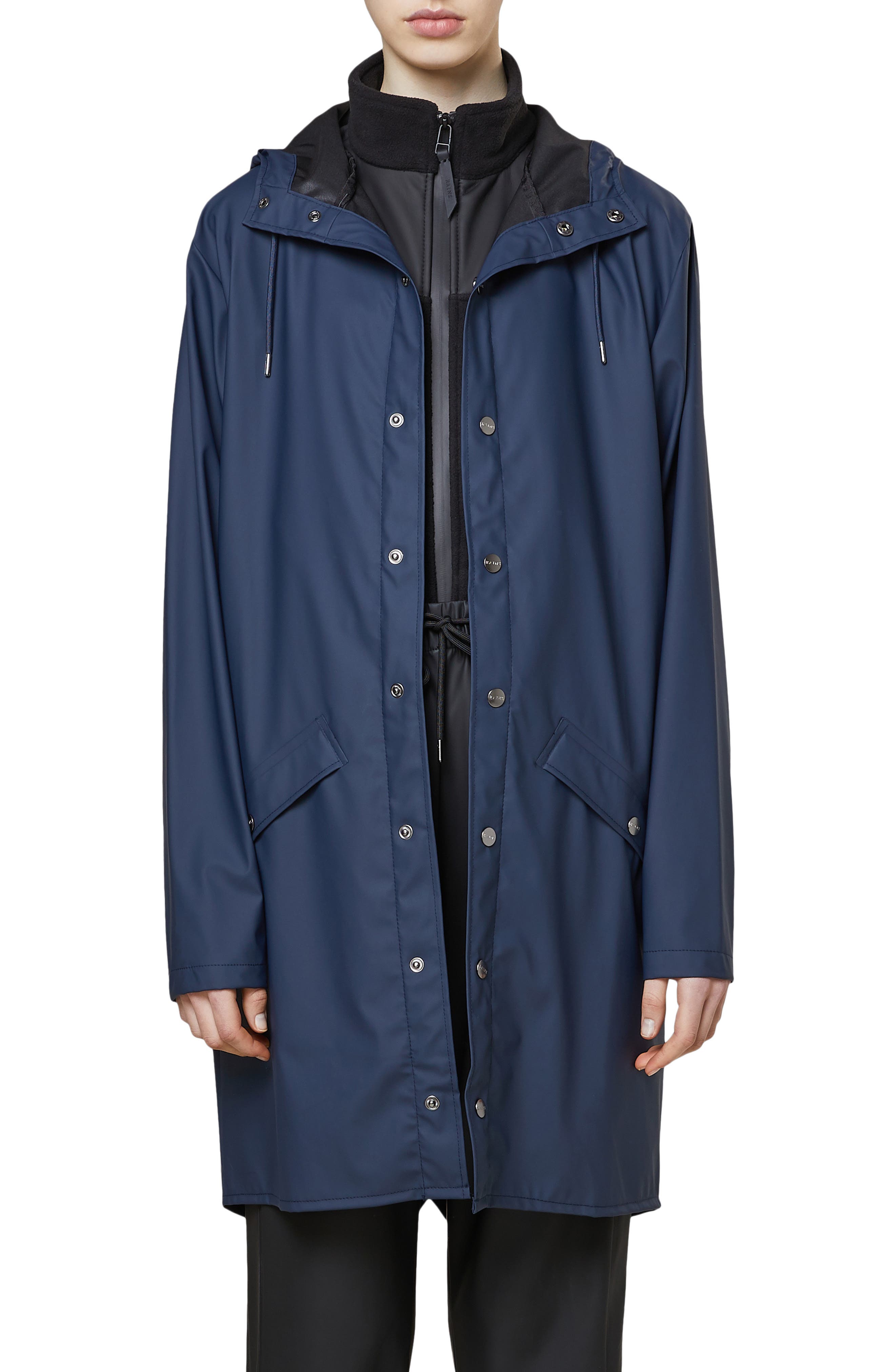 Rains Waterproof Hooded Long Rain Jacket In Shiny Blue