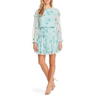 Cece Breezy Bouquet Clip Dot Ruffle Hem Long Sleeve Dress, Blue