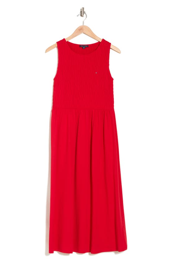 Shop Tommy Hilfiger Smocked Fit & Flare Dress In Scarlet