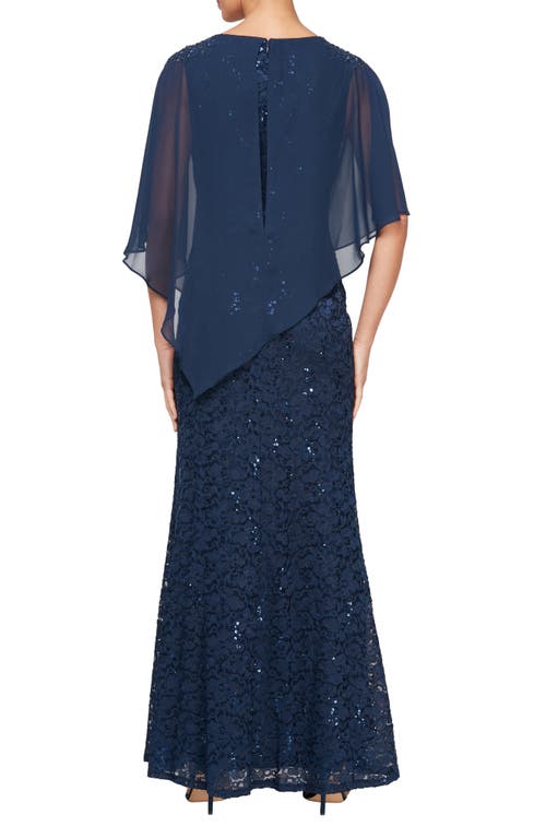 Shop Sl Fashions Beaded Lace & Chiffon Capelet Gown In New Navy