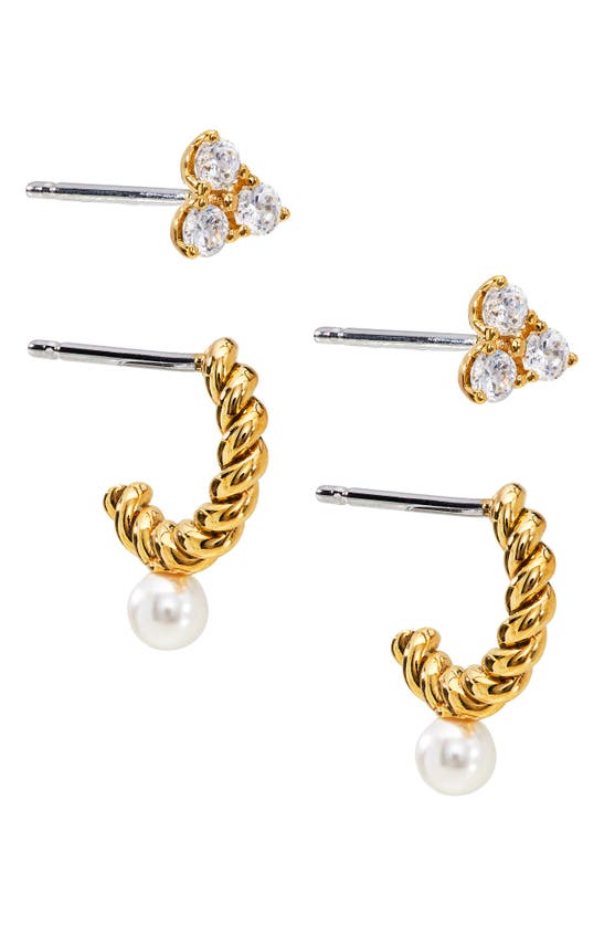 Ajoa Set Of 2 Pairs Heart Stud & Imitation Pearl Hoop Earrings In Gold