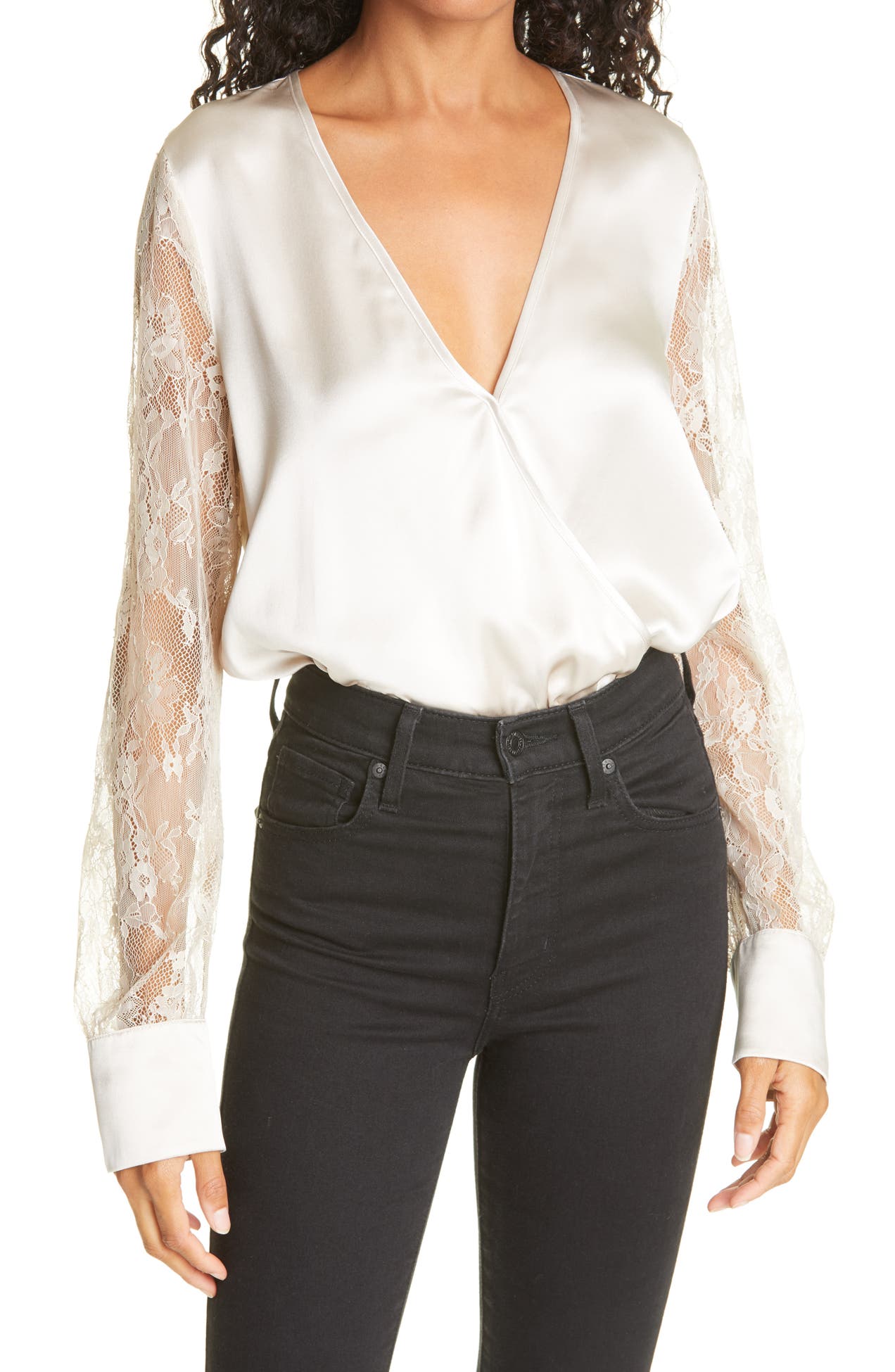 CAMI NYC The Bette Lace Sleeve Silk Bodysuit Nordstrom Rack