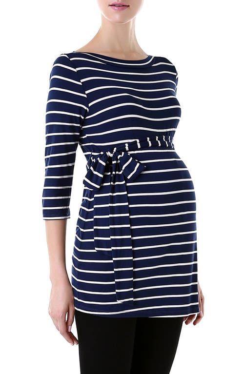 Kimi And Kai 'whitney' Stripe Belted Maternity Top In Navy/ivory