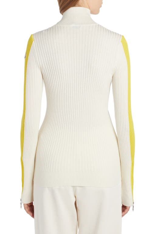 Shop Moncler Stripe Sleeve Funnel Neck Rib Wool Sweater In White/yellow