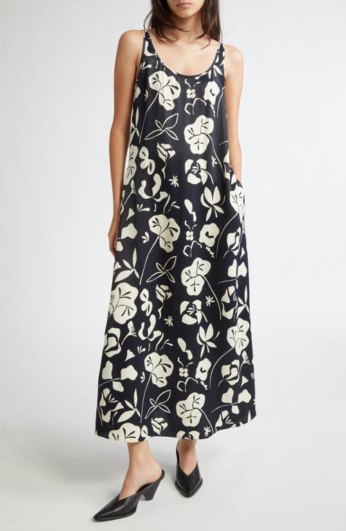 Shop Marimekko Seurassa Nokturno Floral Satin Maxi Slipdress In Black Off White