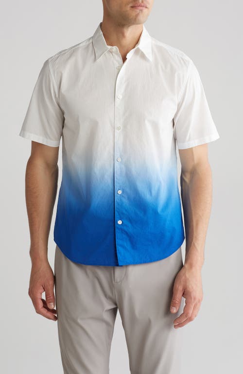 Shop Theory Bronson Dip Dye Short Sleeve Cotton Button-up Shirt In White/klein Blue
