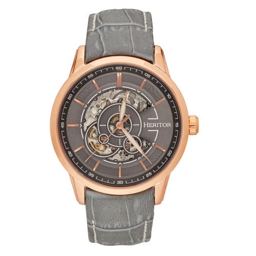 Shop Heritor Automatic Davies Semi-skeleton Leather-band Watch In Rose Gold/gray