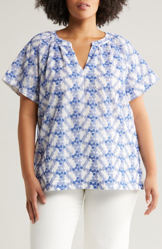 Jones New York Floral Embroidered Cotton Popover Top In Nyc White/ Light Sapphire
