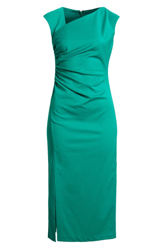Shop Anne Klein Asymmetric Neck Side Ruched Midi Sheath Dress In Green Sprig