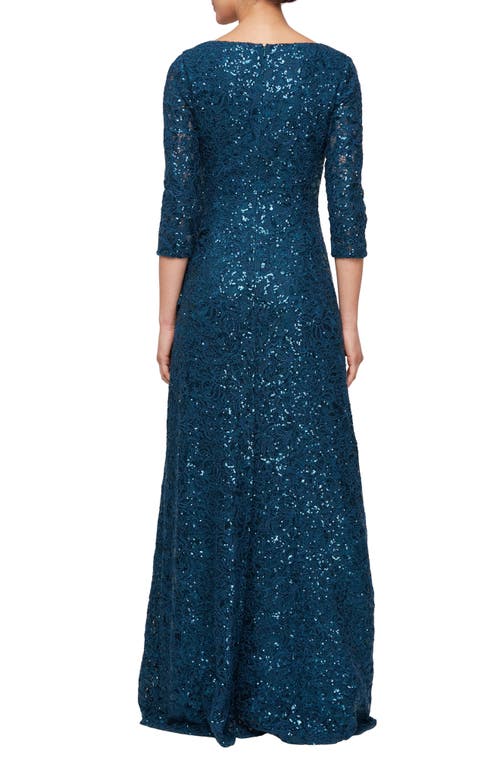 Shop Alex Evenings Sequin Square Neck A-line Gown In Deep Teal