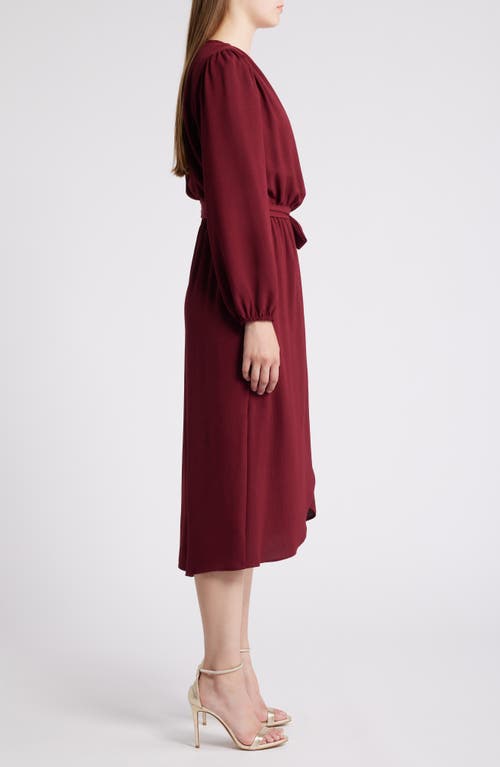 Connected Apparel Long Sleeve Faux Wrap Midi Dress In Wine