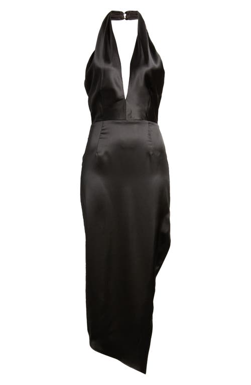 Shop Lulus Glamorous Desires Asymmetric Satin Halter Dress In Black