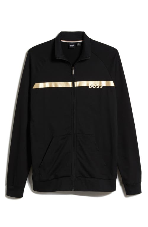 Hugo Boss Cotton-terry Zip-up Jacket With Metallic Logo In Black