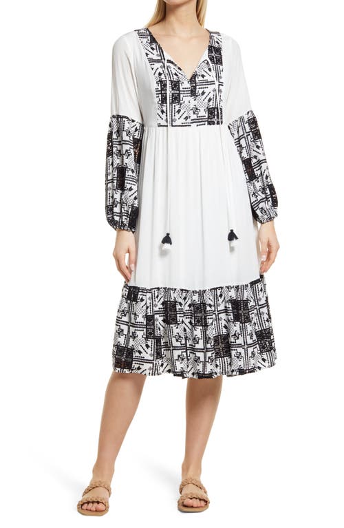 Btfl-life Embroidered Long Sleeve Border Print Shift Dress In Black/white