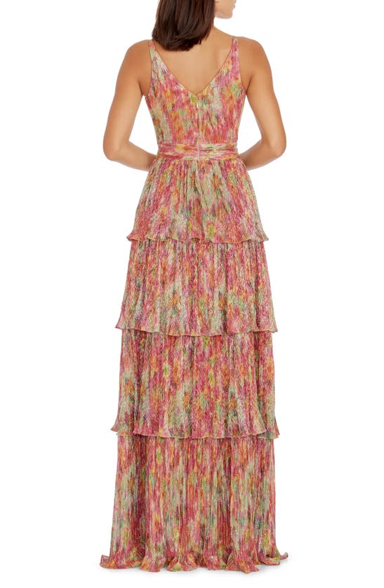 Dress The Population Lorain Abstract Print Metallic Tiered Gown In Bright Fuchsia Multi