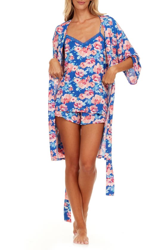 Flora Nikrooz Women's Lotus 3-piece Floral Camisole, Shorts & Robe Set In Blue
