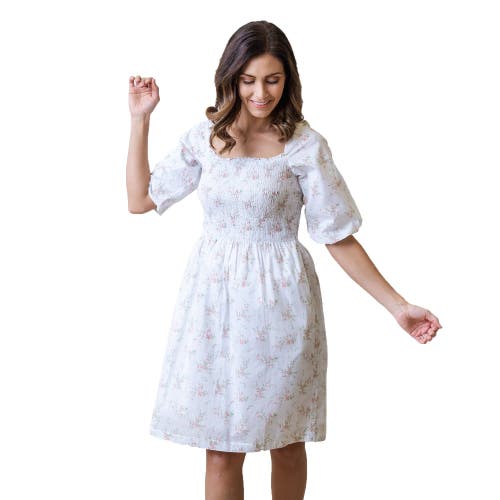 Hope & Henry Womens' Bubble Sleeve Smocked Bodice Dress, Womens In White